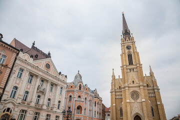 Fototapeta na wymiar The Name of Mary Church, also known as Novi Sad catholic cathedral or crkva imena marijinog during a rainy grey afternoon. This cathedral is one of the most important landmarks of Novi Sad, Serbia...