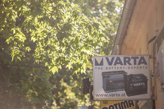 BELGRADE, SERBIA - JUNE 5, 2021: Varta logo in front of one of their retailers in Belgrade. Varta is a german manufacturer and seller of batteries and accumulators spread worldwide. ..