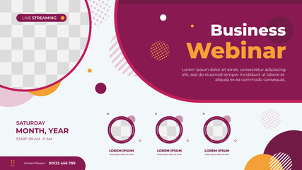 Business webinar banner template for website with circle frame for speakers and geometric minimal concept