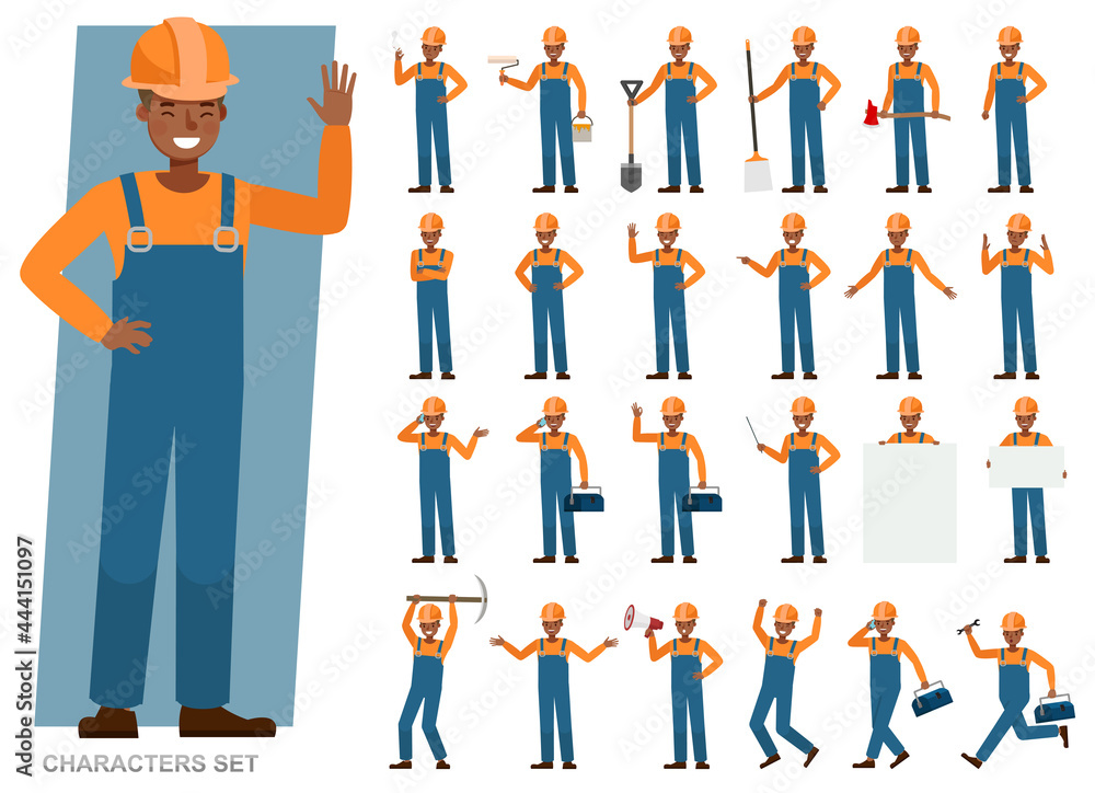 Poster set of builder man wear blue jeans working character vector design. presentation in various action w