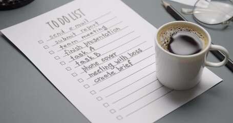 Cup of coffee and to-do list on office table