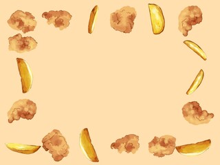 水彩の唐揚げとフライドポテト長方形フレーム・アイボリー