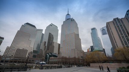 New York famous buildings, Manhattan office buildings at Lower Manhattan in the morning. New York City.