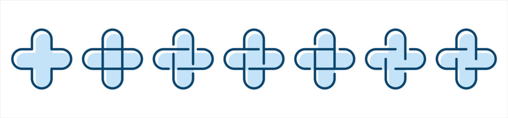 Medical cross set icons on white backdrop. Hospital logo plus. Vector illustration.