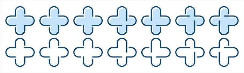Medical cross set icons on white backdrop. Hospital logo plus. Vector illustration.