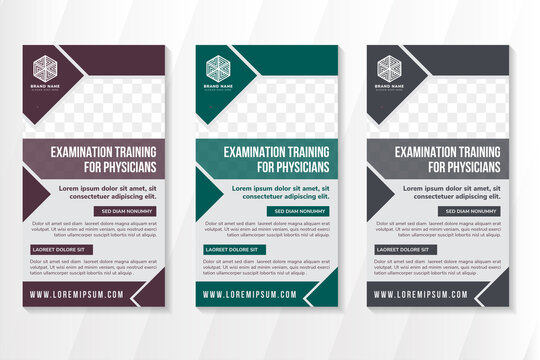 Set of Rectangle roll up banner template design with headline examination training for physician. vertical layout with space for photo collage. dark of red, green on element and grey background.