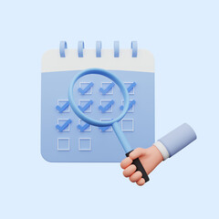 3d illustration of hand holding a magnifying glass to calendar checklist