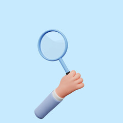 3d illustration of hand holding magnifying