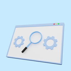 3d illustration of web illustration with magnifying and gear icon