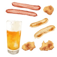 手描き水彩のビールとウインナーと唐揚げのイラストセット