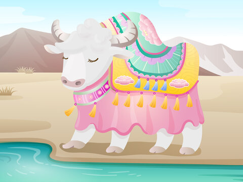 Yak by the river. Vector illustration.