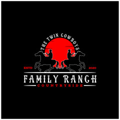 Twin Cowboy Riding Horse Silhouette at Sunset Countryside Western Farm Ranch Logo Design Illustration