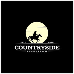 Male Cowboy Riding Horse Silhouette at Sunset Sun or Moon Logo Design Illustration