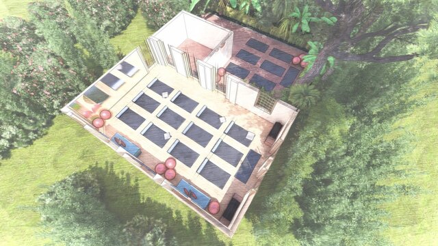 Centro de yoga y meditaci&oacute;n vista isom&eacute;trica en planta con ambientaci&oacute;n de plantas tropicales en boceto 