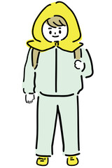 防災頭巾をかぶった防災訓練時の子供のイラストClip art of a child in a disaster drill wearing a disaster hood