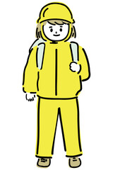 Obraz premium ヘルメットをかぶった、避難する子供Helmeted, evacuating children.