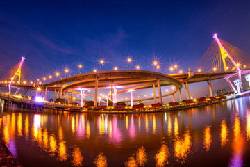 Highway bridge at twilight time in Bangkok, Thailand,Industrial ring bridge