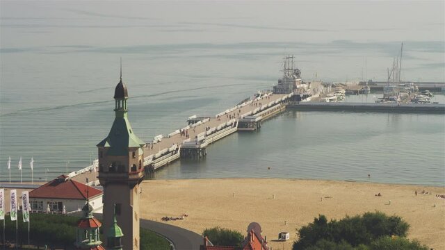 Famous pier in Sopot, Poland. Summer, drone view