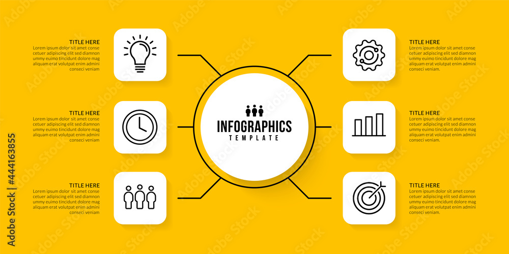 Poster workflow infographic template design with 6 options on yellow background, business data visualizatio