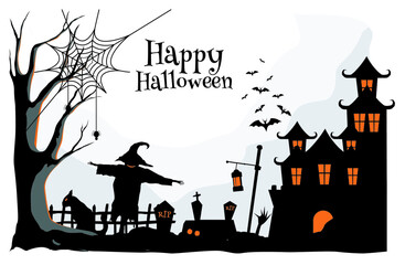 Fototapeta premium Happy Halloween. haunted house, tree, cemetery, scarecrow, bat, spider web, pumpkin vector illustration 
