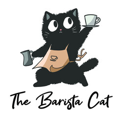 Illustration of a Cat who is a barista, funny cute cartoon cat