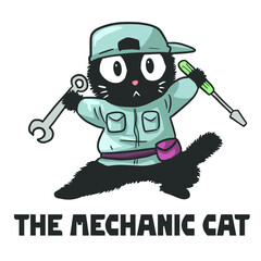 Illustration of a Cat who is a Mechanic man, funny cute cartoon cat - 444164690