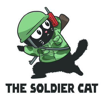 Illustration of a Cat who is a Soldier, funny cute cartoon cat