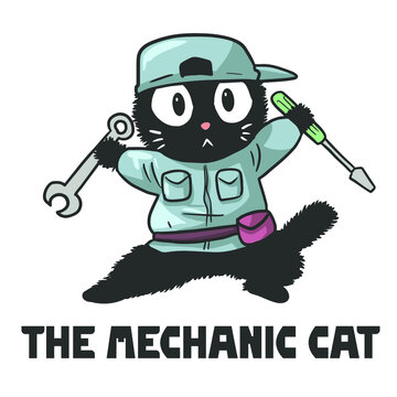 Illustration of a Cat who is a Mechanic man, funny cute cartoon cat