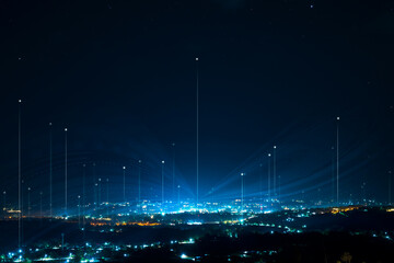 Night view of the city with network global. - Powered by Adobe