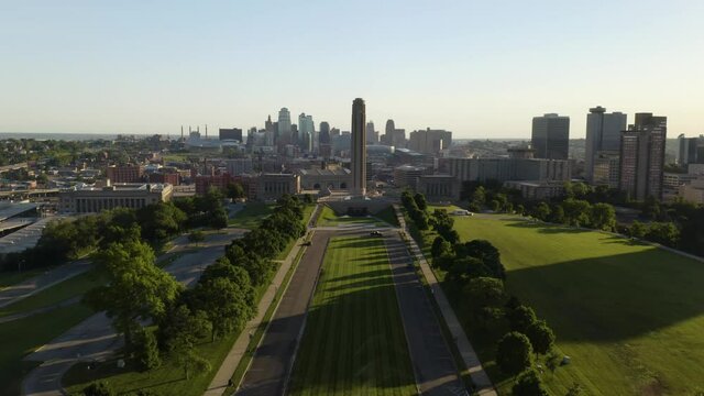 Amazing Aerial Shot of The Liberty Memorial in Kansas City, Missouri at Sunrise