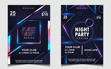 Night dance party music layout cover design template background with colorful dark blue glitters style. Light electro vector for music event concert disco, club invitation, festival poster, flyer