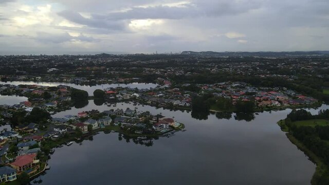 Panorama Of A Community At Martingale Circuit  With Robina Suburbs In Clear Island Waters Gold Coast, Australia. aerial