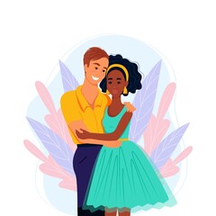 Multiracial couple in love, vector illustration in flat style. Multiethnic family.