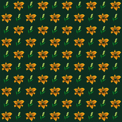 Pattern with yellow lilies and green vintage style background.