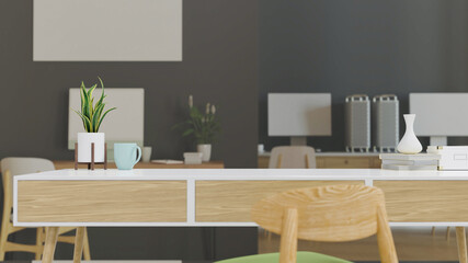 Working table with copy space in comfortable office room, 3D render