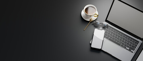 Top view of working space with laptop, smartphone, coffee cup and copy space, 3D render