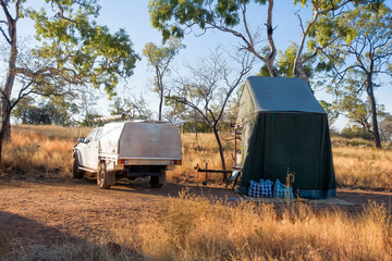 Camping in a savannah landscape at Porcupine Gorge in Queensland, Australia