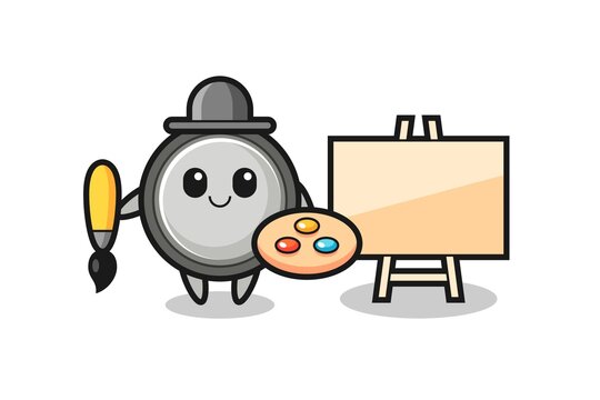Illustration of button cell mascot as a painter