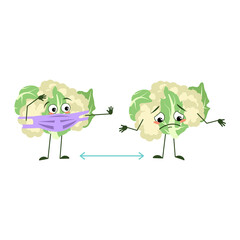 Cute cauliflower characters with emotions, face and mask keep distance, arms and legs. The funny or sad hero, green vegetable cabbage with eyes