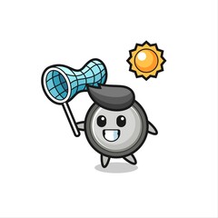 Fototapeta premium button cell mascot illustration is catching butterfly