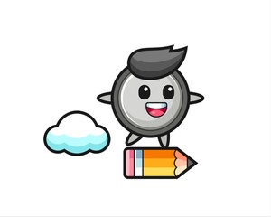 button cell mascot illustration riding on a giant pencil