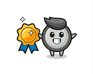 button cell mascot illustration holding a golden badge
