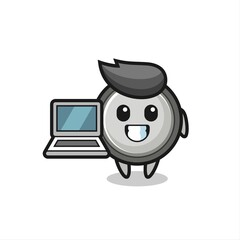 Mascot Illustration of button cell with a laptop