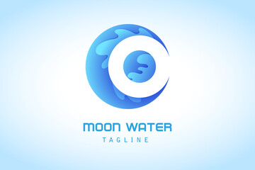 blue crescent moon with water splash gradient logo