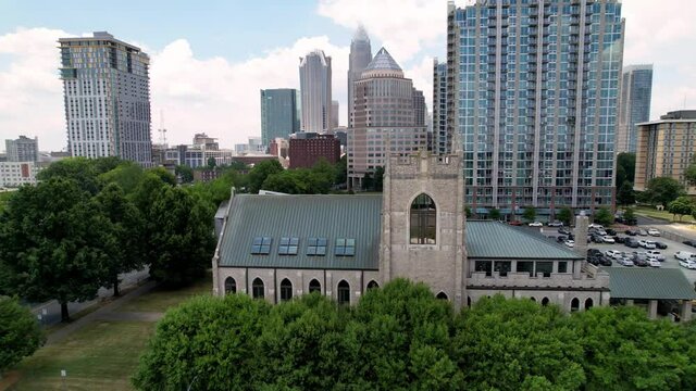 Charlotte NC, Charlotte North Carolina Skyline with Church in Foreground Aerial