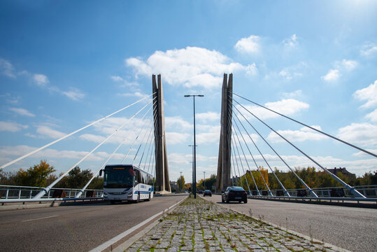 Valladolid, Spain - 23 may 2019: Vehicles passing over the big suspension bridge Valladoid spain