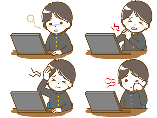 パソコン作業で疲れる男子学生