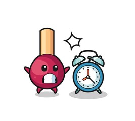 Cartoon Illustration of matches is surprised with a giant alarm clock