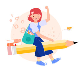 Happy girl sitting on pencil with school bag, get ready for studying and working. Teenager riding on stationary. Back to school or creative thinking concept. Flat vector illustration.