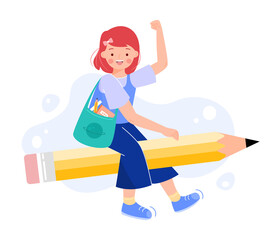 Happy girl sitting on pencil with school bag, get ready for studying and working. Teenager riding on stationary. Back to school or creative thinking concept. Flat vector illustration.